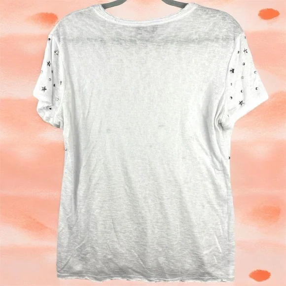 Bebe Womens Stars and Dots Studded White Tee Shirt Sz Large Gauze Fabric Raw Hem - Picture 2 of 8